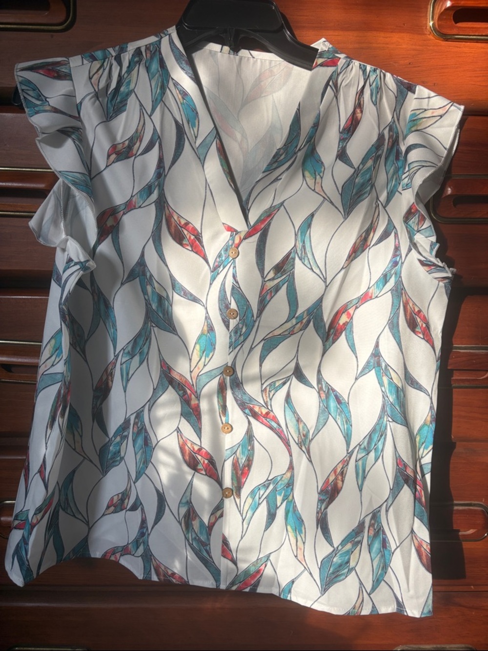 SHEIN White Button-Front V-Neck Blouse with Teal & Red Leaf Print